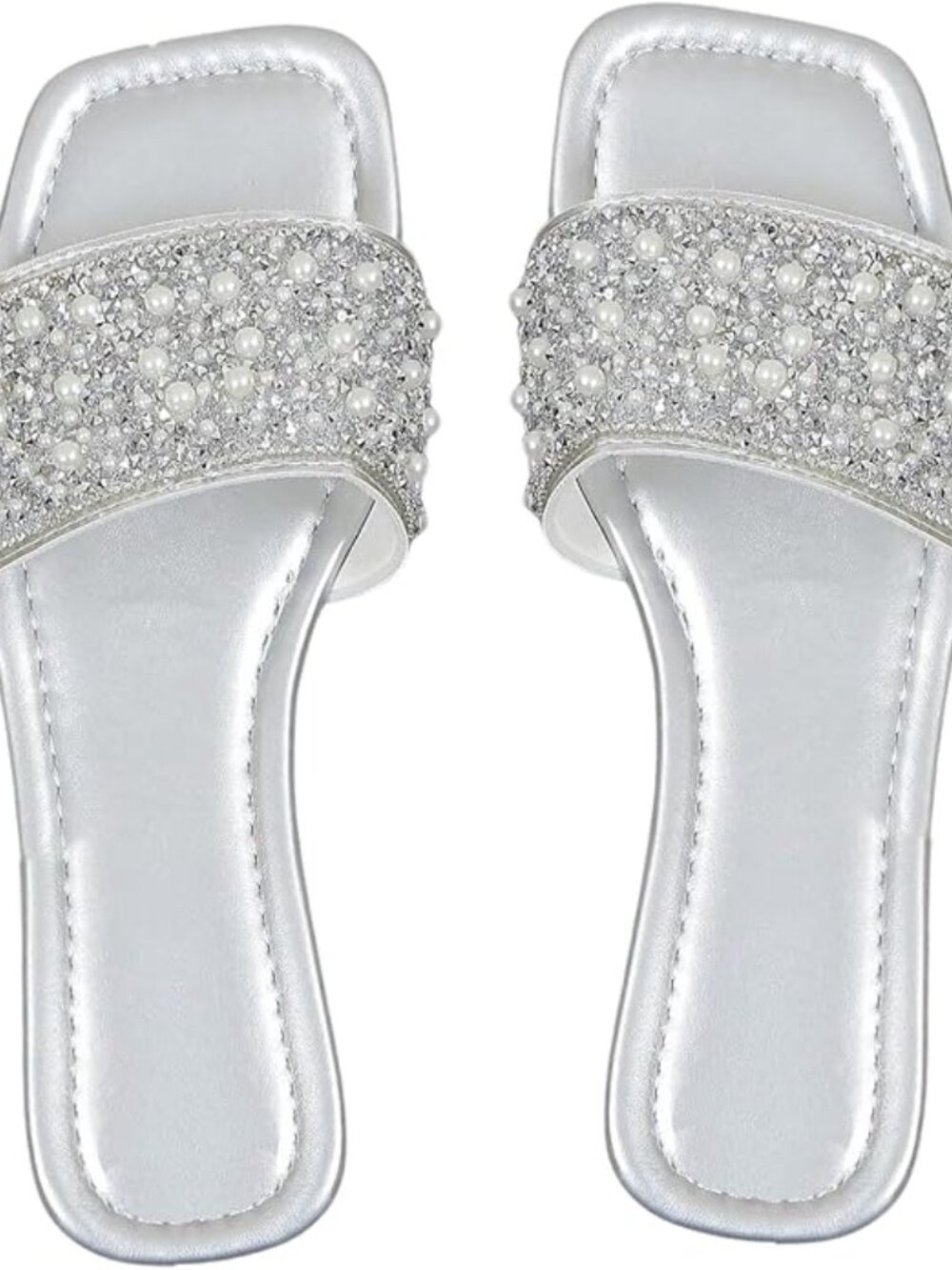 🆕 Women's Silver Pearl Rhinestone Slide Sandals Open Toe Flat Slippers Shoe